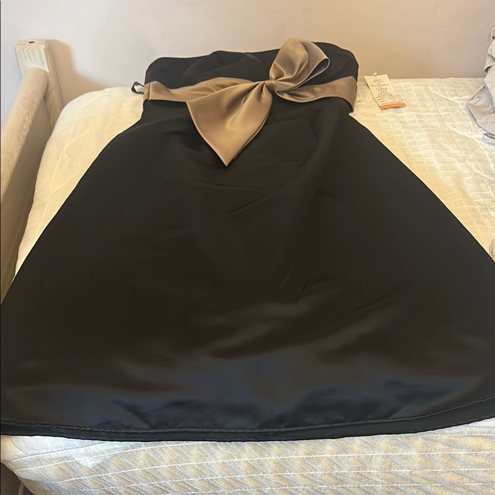 Bill Levkoff Black Strapless Dress with Gold Bow
